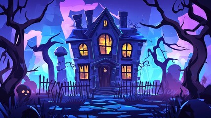 Haunted House with Glowing Windows and Spooky Trees