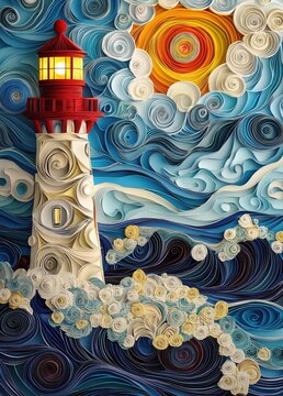 A lighthouse crafted from paper quilling, surrounded by swirling waves and a radiant sun. Whimsical and vibrant.
