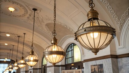 Fototapeta premium Vintagestyle light fixtures hang gracefully from the ceiling illuminating the space with a soft glow their metallic finishes complementing the artistic flair of the surrounding