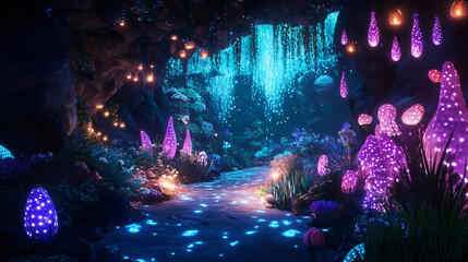 Fototapeta premium Bioluminescent flora lighting magical path through dark cave, creating otherworldly scene