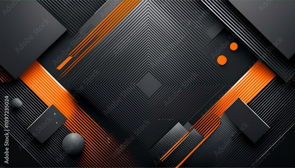 Poster dynamic black shapes composition with orange lines.