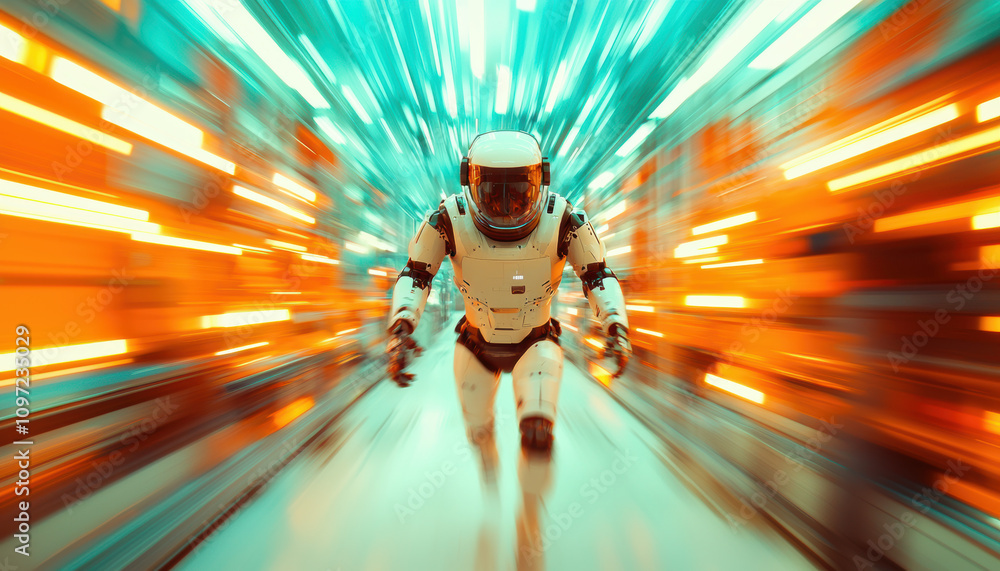 Aufkleber a futuristic astronaut dashes through a vibrant, high-speed corridor, surrounded by dynamic light pa