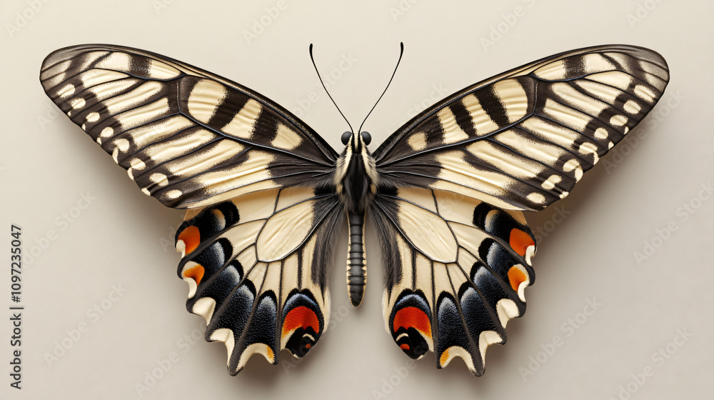Poster colorful butterfly with spread wings, showcasing intricate patterns and vibrant hues on a neutral ba
