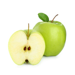 Whole and cut fresh green apples isolated on white
