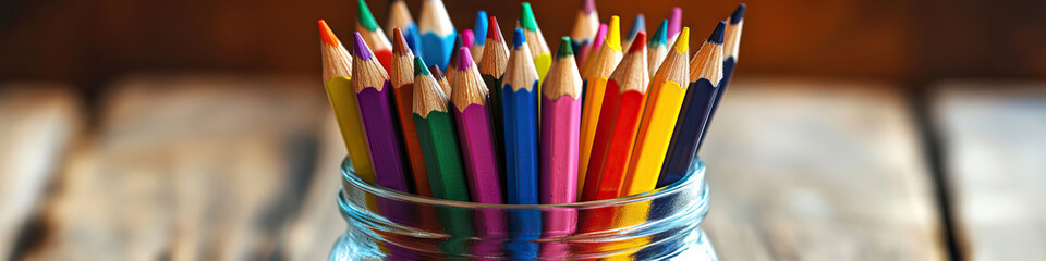 Fototapeta premium Sharp Pencils: A jar of colorful pencils, arranged neatly on a wooden desk.