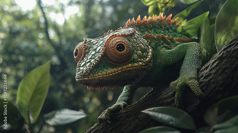 Poster chameleon camouflaging in its surroundings, resting on a branch in a lush tropical jungle