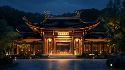 Naklejka premium Nighttime illumination of traditional chinese architecture with ornate design and serene courtyard setting