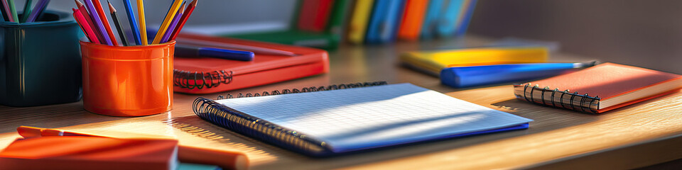 Fototapeta premium Efficient School Supplies: A tidy desk with necessary items like pens, pencils, rulers, and notebooks.