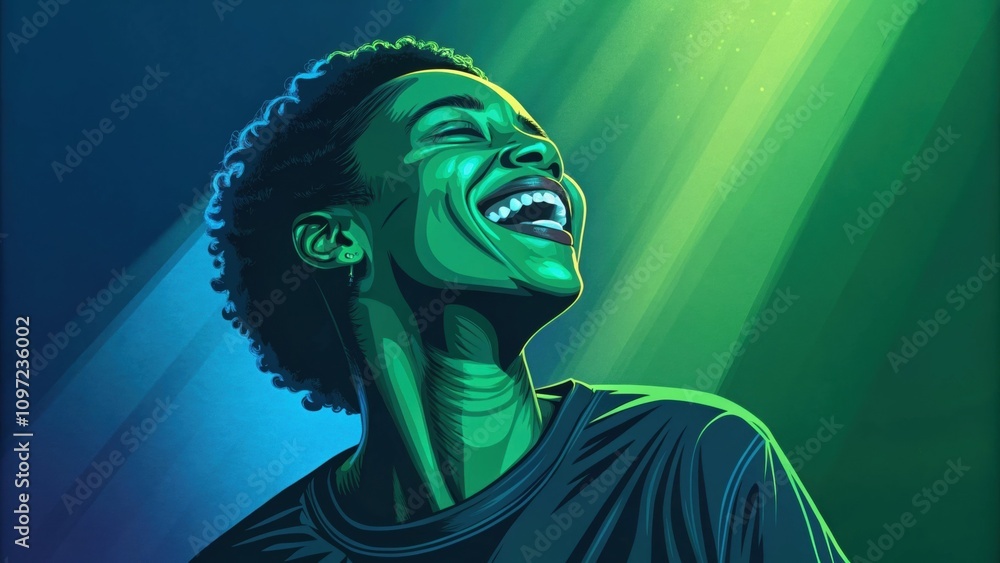 Poster A expressive capture of a face illuminated by joy laughter spilling forth. Neon greens and blues create a captivating backdrop their shadows interplaying with the light to form a