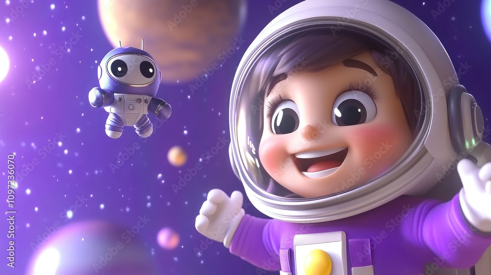 Poster a joyful child in a space suit with a small robot, surrounded by colorful planets.