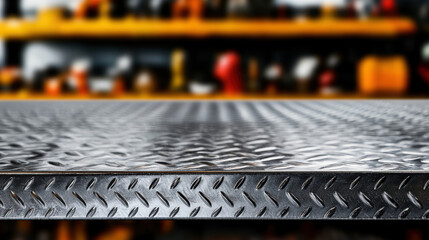 Naklejka premium A close-up of a metallic surface with a diamond pattern, set against a blurred background of tools and equipment in a workshop.