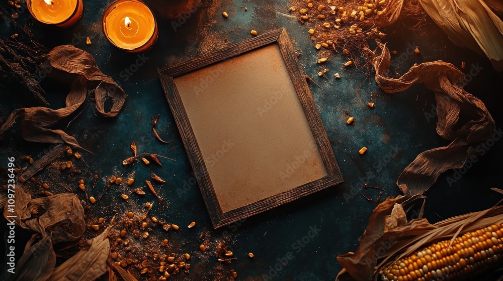 Poster a rustic setting with candles, corn, and an empty frame, evoking autumn vibes.