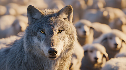 Naklejka premium Lone wolf stands amidst a flock of sheep, bathed in the warm glow of golden sunlight, creating a captivating scene of predator and prey