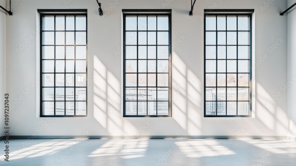 Poster bright, spacious room with three large windows casting shadows on the floor.