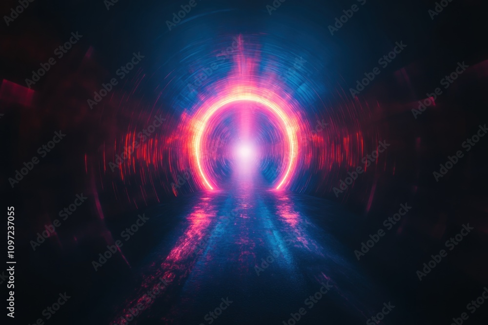 Poster A vibrant, futuristic tunnel with glowing circular patterns and reflections on a wet surface.
