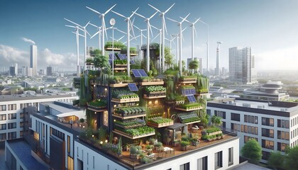 smart urban rooftop garden with wind powered irrigation systems and vertical planters