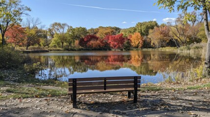 Obraz premium Serene autumn pond reflection with park bench.