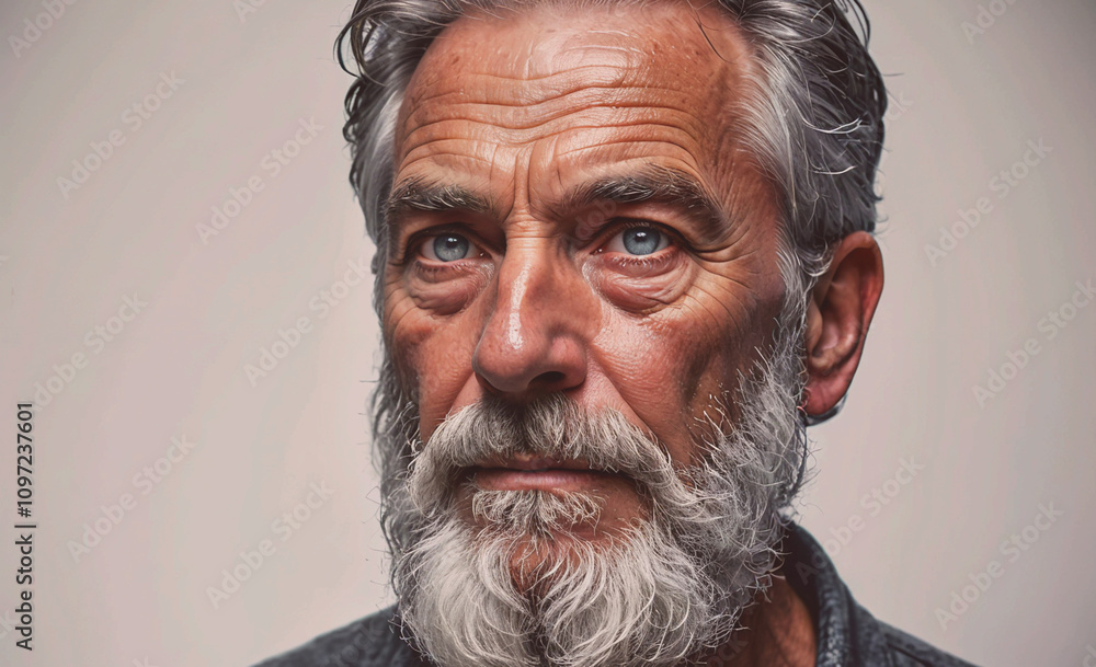 Aufkleber a man with a beard and gray hair is looking at the camera. he has a serious expression on his face