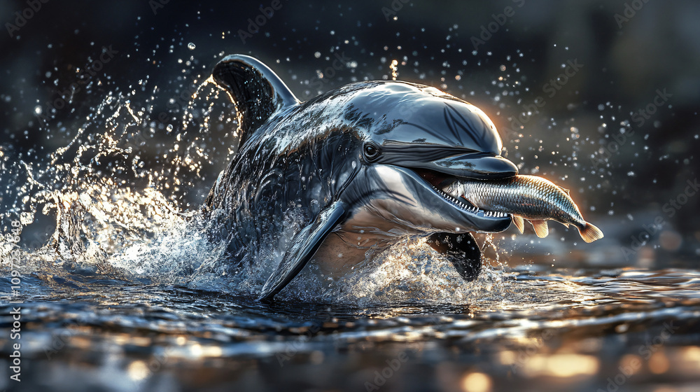 Poster Dolphin catching a fish and leaping from the water, causing splashes and droplets