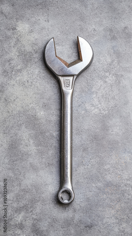 Poster a metallic wrench lies flat on a textured surface, showcasing its open-end design and smooth finish,