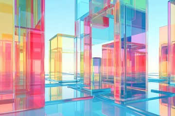 A vibrant, abstract landscape of colorful, translucent geometric shapes.