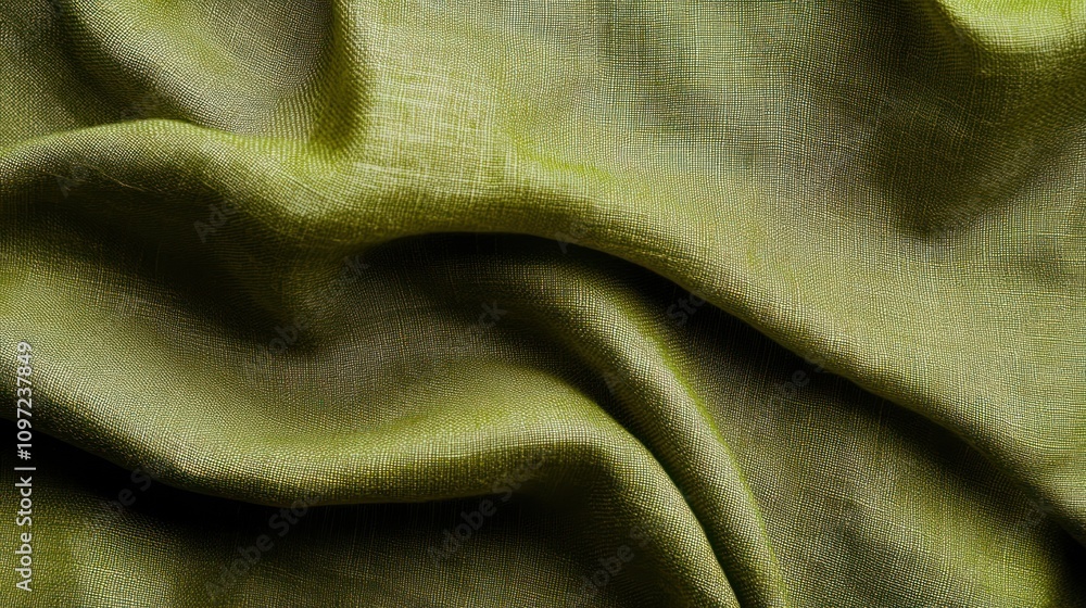 Poster a close-up view of textured green fabric, showcasing its folds and softness.