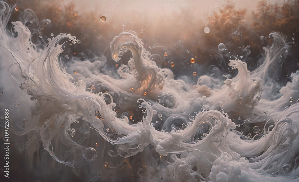 Poster a wave with white foam and bubbles. the mood of the painting is calm and serene, as the waves and fo