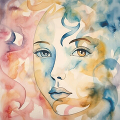 Abstract pastel portrait of a woman's face surrounded by curls