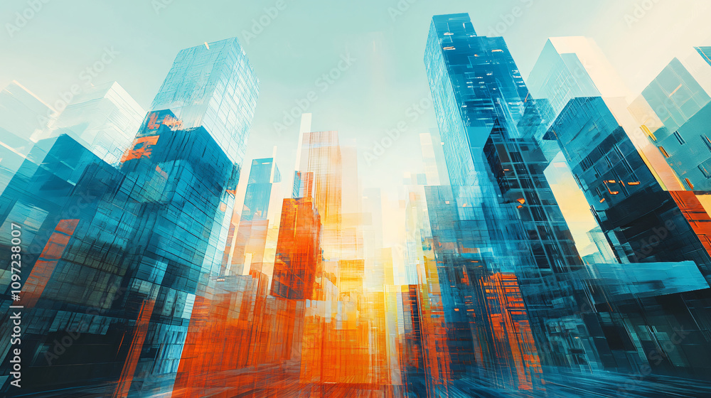 Poster abstract futuristic cityscape with imposing skyscrapers captured from a low angle, illuminated by vi