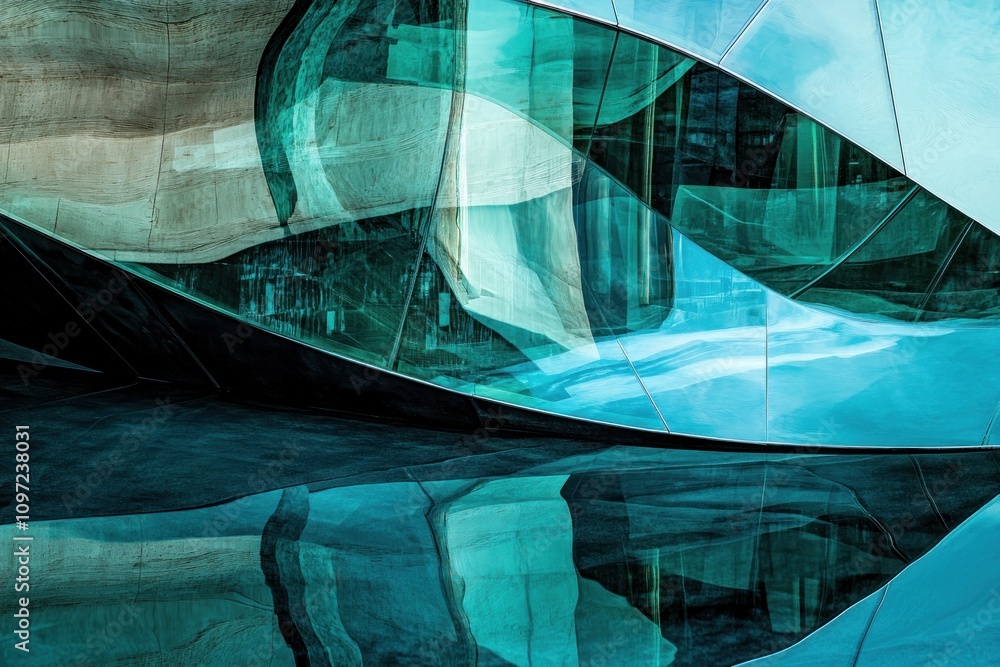 Aufkleber abstract architectural design featuring reflective surfaces and fluid shapes.