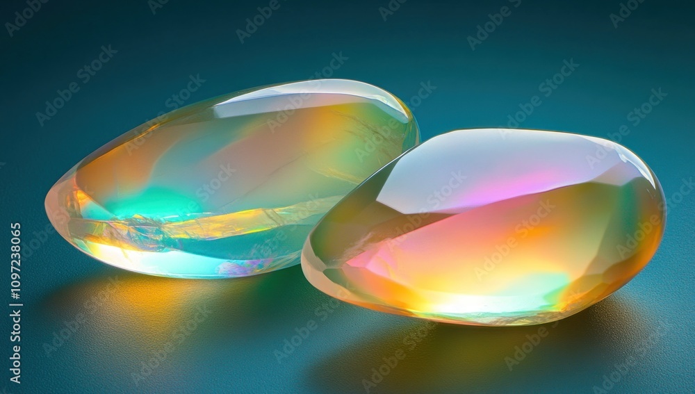 Poster two iridescent gemstones with a colorful sheen on a smooth surface.