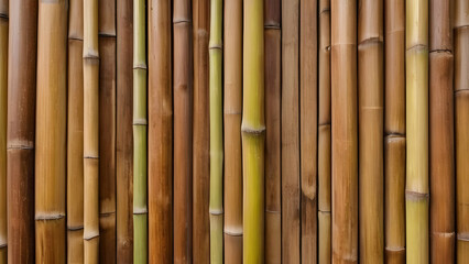 Fototapeta premium Natural bamboo fence texture with vertical brown wooden boards, perfect as a tropical plant-inspired background.