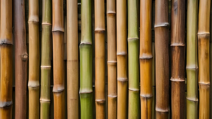 Fototapeta premium Close-up of a bamboo fence with a warm brown tone, ideal for eco-friendly designs and tropical-themed wallpapers.