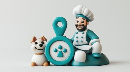 A cheerful chef with a dog beside a large cooking utensil, symbolizing culinary creativity.