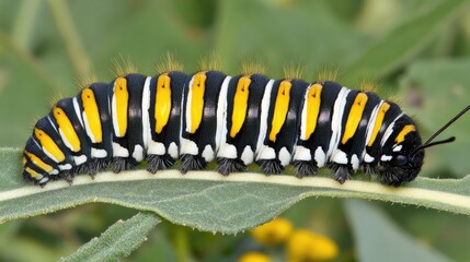 Naklejka premium Colorful Caterpillar Crawling on Green Leaf in Nature Setting