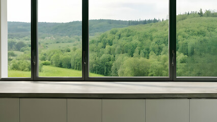 Fototapeta premium Concrete kitchen surface in front of a large window with a green outdoor view, ideal for modern mockup designs.