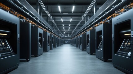 Obraz premium Spacious 3D printing facility, rows of large industrial printers, modern design 