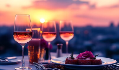  Elegant Dinner Table Setting with a Cityscape Sunset View 
