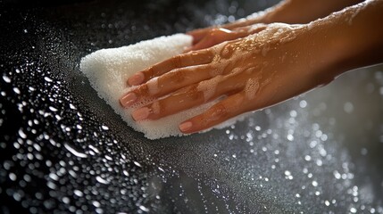 Fototapeta premium Hands Scrubbing Surface with Foam and Water Droplets Close-Up