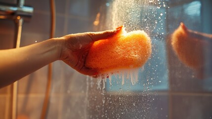 Fototapeta premium A Person Holding an Orange Sponge under Shower Water in Bathroom