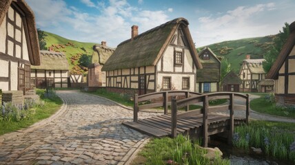 Obraz premium Idyllic medieval village with cobblestone streets, timber-framed houses, thatched roofs, wooden bridge, and lush green countryside under a bright blue sky.