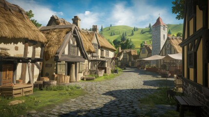 Fototapeta premium Idyllic medieval village with cobblestone streets, timber-framed houses, thatched roofs, wooden bridge, and lush green countryside under a bright blue sky.