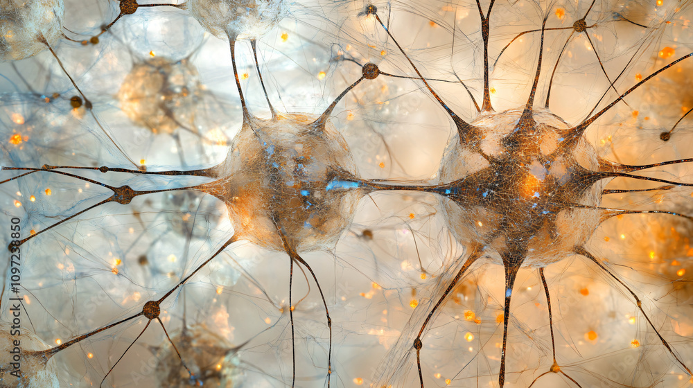 Aufkleber neurons sending electric signals and communicating inside human brain, neural network, close-up view
