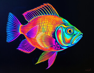 Blacklight paint of a fish. generative ai