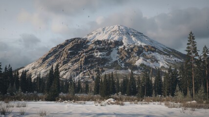 Snow-covered mountain and clear blue sky, showcasing winter serenity and rugged natural beauty.