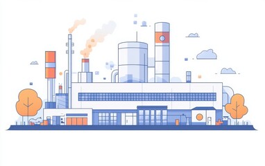 Obraz premium Flat illustration of an industrial factory with chimneys and trees