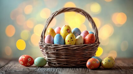 Colorful Easter Eggs in a Basket with a Soft Bokeh Background