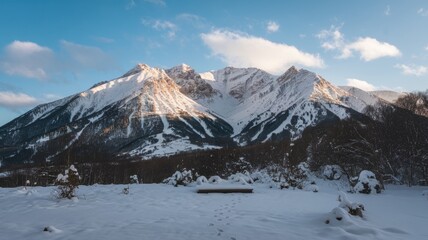 Fototapeta premium Snow-covered mountain and clear blue sky, showcasing winter serenity and rugged natural beauty.