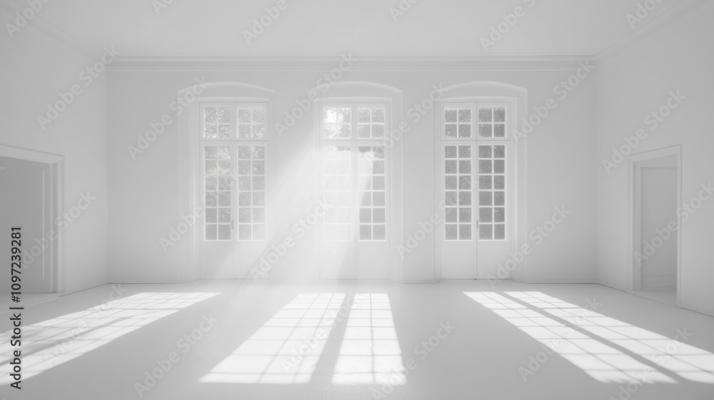 Poster a bright, minimalistic room with large windows casting shadows on a white floor.