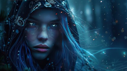 Naklejka premium Mysterious woman with glowing blue highlights and sparkling particles, evoking fantasy and mysticism in a magical forest setting.